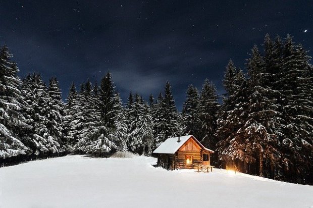 Cabaña con luz encendida en un bosque nevado al anochecer